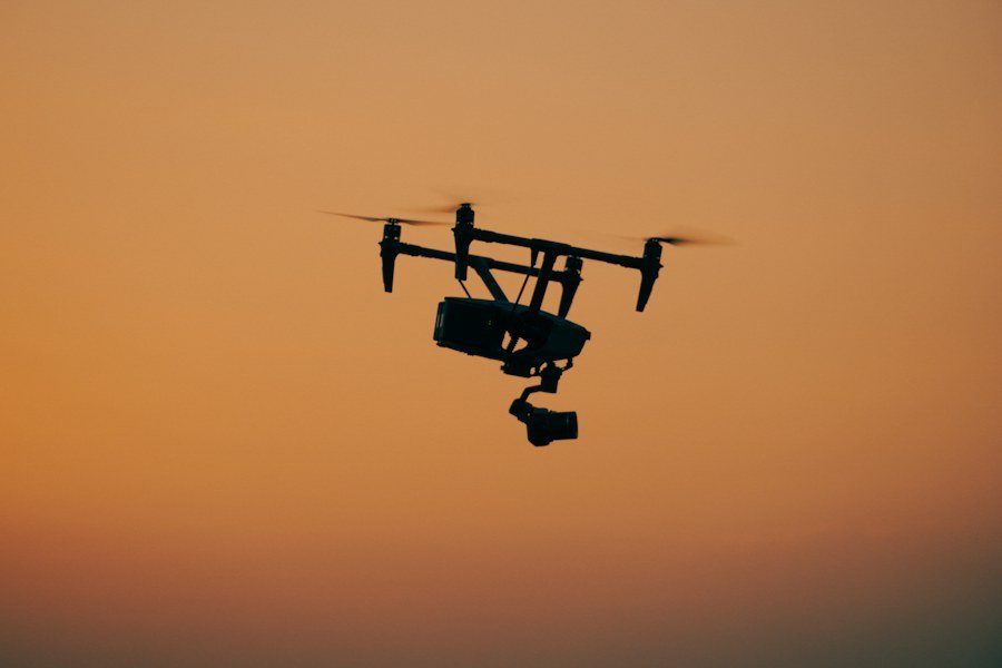 Drone in flight at dusk